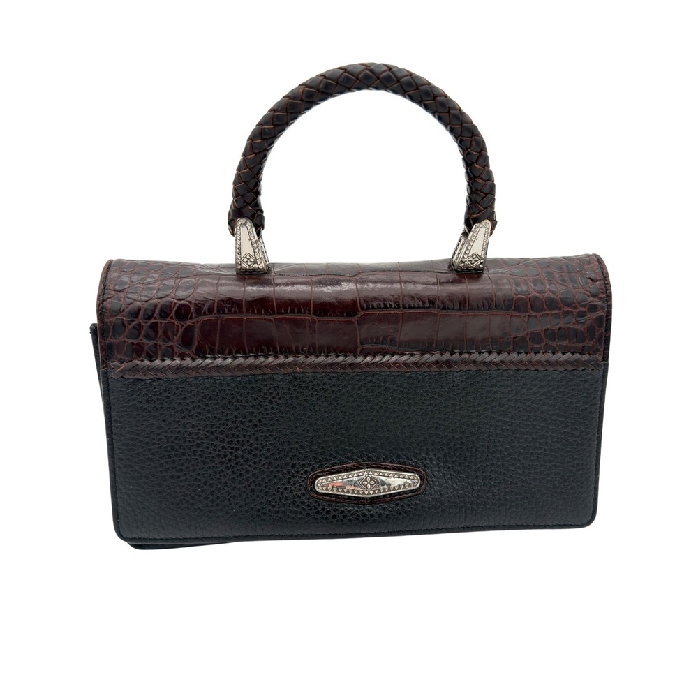 Brighton Black Brown Croc Leather Crossbody Handbag Western Braided‎ Handle Bag